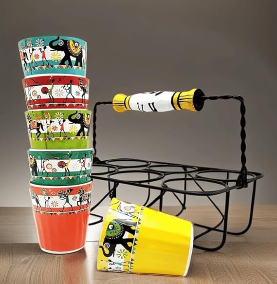 Cup'n'Crock Ceramic Chai Glasses Set of 6 with Multicolor Printed Multicolor Designs, Kullad Ceramic Tea Glass Along with A Stand