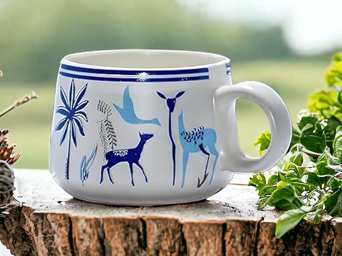 Cup'n'Crock Classic Nature Trees and Deer Printed Ceramic Tea/Coffee, 170 ml, Set of 6 (Marble White)