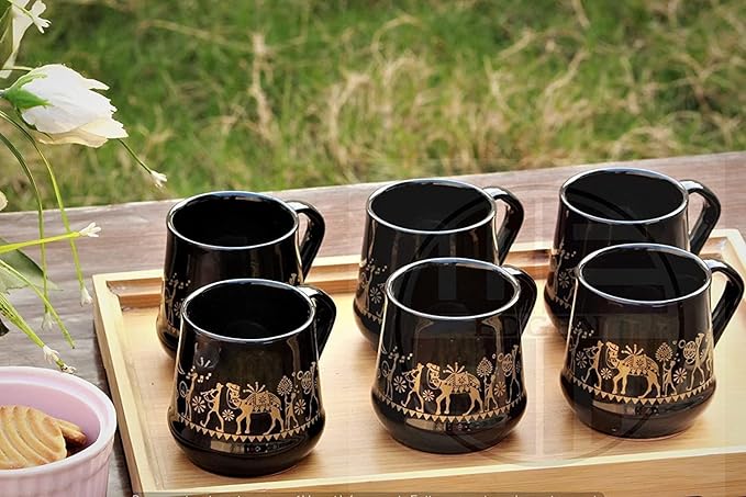 Cup'n'Crock Ceramic Printed Microwave Safe Tea/Coffee Cup Set 180 ml with Kettle (6 Tea Cups + 1 Kettle) Pack of 7 (Black)