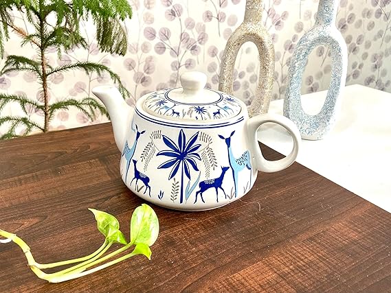 Cup'n'Crock Ceramic Beautiful Floral Print Tea Kettle Pot with Cup Set Made in India Products Kitchen Items - Pack of 1 Pot + 6 Cups