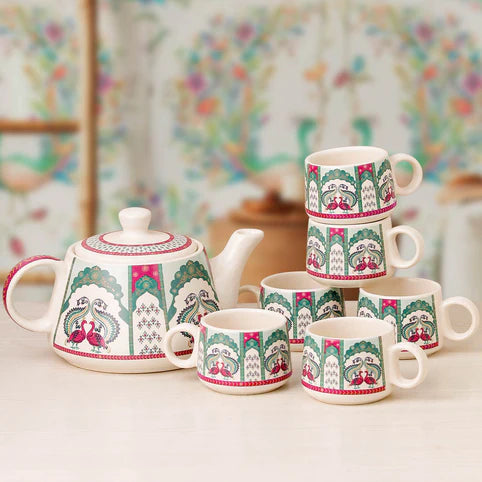 Cup'n'Crock Ceramic Beautiful Peagal Print Tea Kettle Pot with Cup Set Made in India Products Kitchen Items - Pack of 1 Pot + 6 Cups