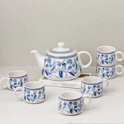 Cup'n'Crock Ceramic Stylo Blue Teapot Cup Set - 1 Kettle (1 Litre) & 6 Cups (160 ML), Microwave & Dishwasher Safe | Morning Set | Tea Sets with Kettle for Gifting