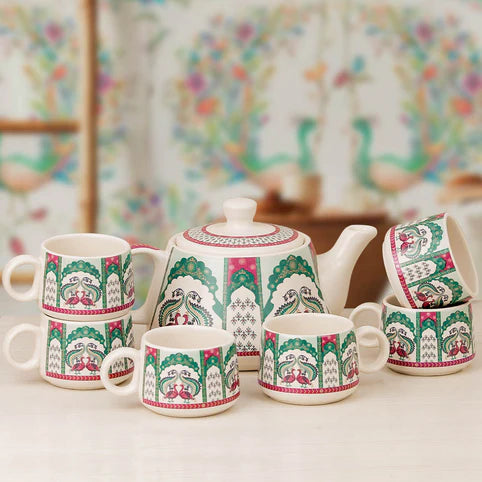 Cup'n'Crock Ceramic Beautiful Peagal Print Tea Kettle Pot with Cup Set Made in India Products Kitchen Items - Pack of 1 Pot + 6 Cups