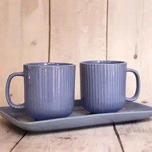 Cup'n'Crock Premium Stoneware Handmade Ceramic Cup and Tray Set of 3 (Blue)