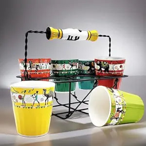 Cup'n'Crock Ceramic Chai Glasses Set of 6 with Multicolor Printed Multicolor Designs, Kullad Ceramic Tea Glass Along with A Stand