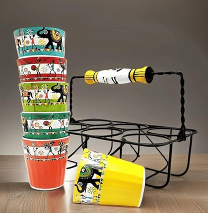 Cup'n'Crock Ceramic Chai Glasses Set of 6 with Multicolor Printed Multicolor Designs, Kullad Ceramic Tea Glass Along with A Stand