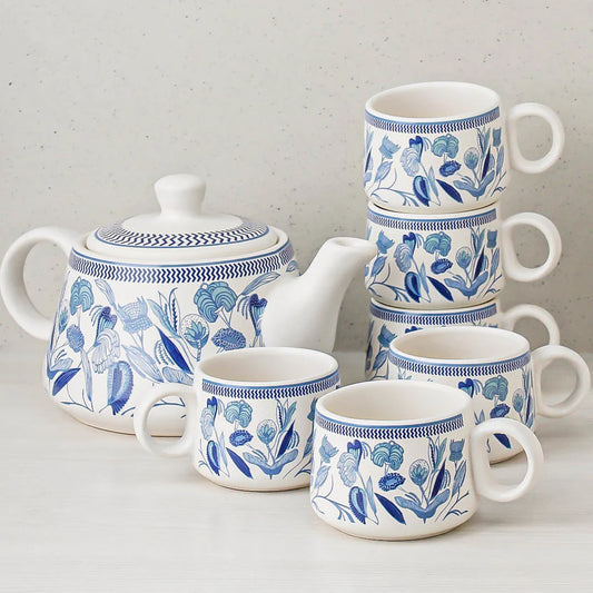 Cup'n'Crock Ceramic Stylo Blue Teapot Cup Set - 1 Kettle (1 Litre) & 6 Cups (160 ML), Microwave & Dishwasher Safe | Morning Set | Tea Sets with Kettle for Gifting