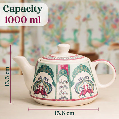 Cup'n'Crock Ceramic Beautiful Peagal Print Tea Kettle Pot with Cup Set Made in India Products Kitchen Items - Pack of 1 Pot + 6 Cups