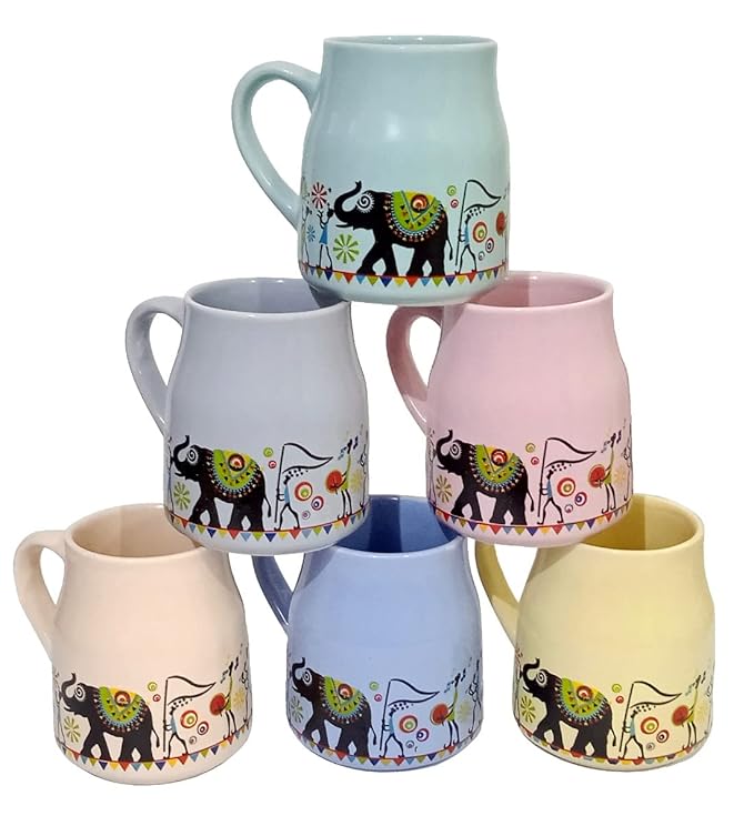 Cup'n'Crock Ceramic Mug Set Tribal Procession: Set of 6 Tea Coffee Cups, Multicolor