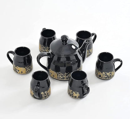 Cup'n'Crock Ceramic Printed Microwave Safe Tea/Coffee Cup Set 180 ml with Kettle (6 Tea Cups + 1 Kettle) Pack of 7 (Black)