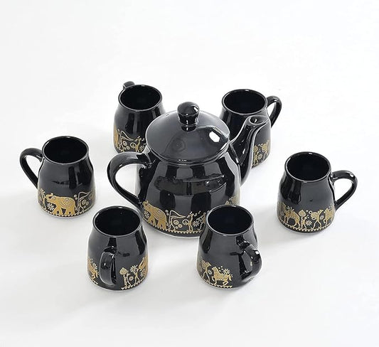 Cup'n'Crock Ceramic Printed Microwave Safe Tea/Coffee Cup Set 180 ml with Kettle (6 Tea Cups + 1 Kettle) Pack of 7 (Black)