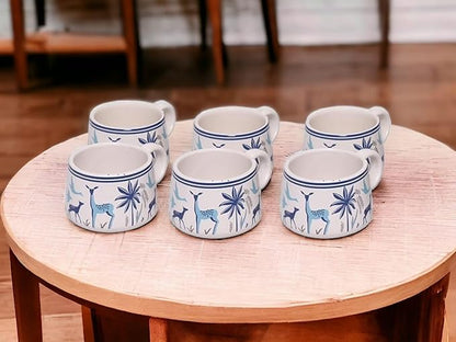 Cup'n'Crock Classic Nature Trees and Deer Printed Ceramic Tea/Coffee, 170 ml, Set of 6 (Marble White)