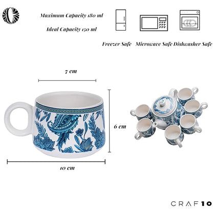 Cup'n'Crock Ceramic Stylo Blue Teapot Cup Set - 1 Kettle (1 Litre) & 6 Cups (160 ML), Microwave & Dishwasher Safe | Morning Set | Tea Sets with Kettle for Gifting