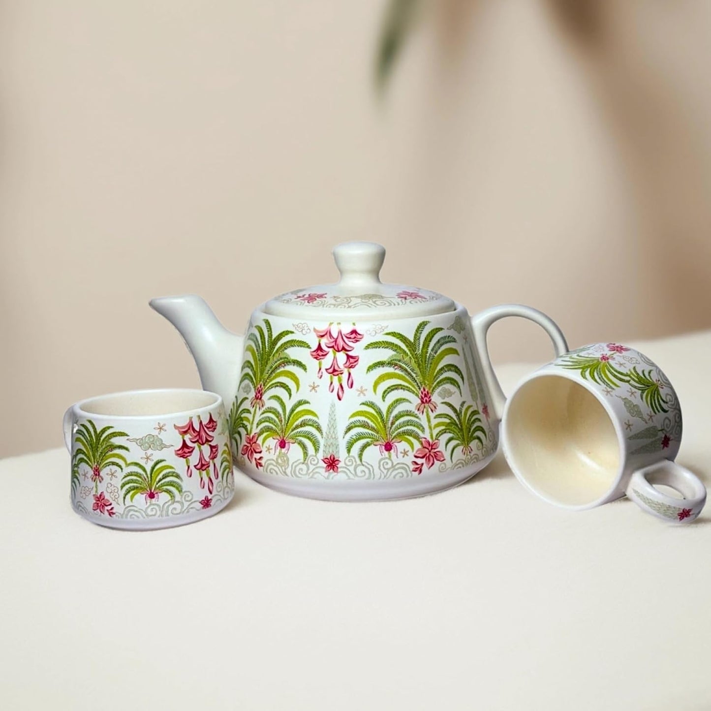 Cup'n'Crock Ceramic Tea Cup Set with Kettle, 6 Cups and Ketali with Lid, Dining Table Decor and Tea Serving with Classic Style (Green Magenta Palm)