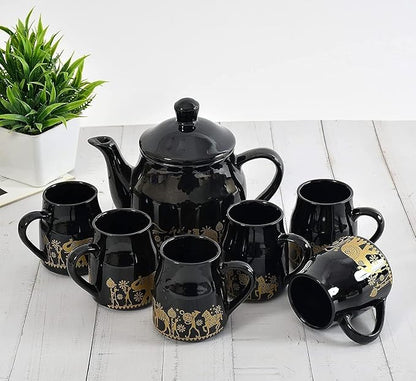 Cup'n'Crock Ceramic Printed Microwave Safe Tea/Coffee Cup Set 180 ml with Kettle (6 Tea Cups + 1 Kettle) Pack of 7 (Black)