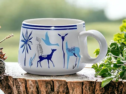 Cup'n'Crock Classic Nature Trees and Deer Printed Ceramic Tea/Coffee, 170 ml, Set of 6 (Marble White)