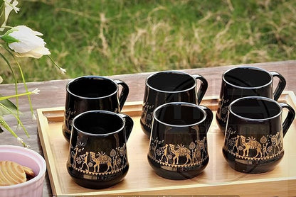 Cup'n'Crock Ceramic Printed Microwave Safe Tea/Coffee Cup Set 180 ml with Kettle (6 Tea Cups + 1 Kettle) Pack of 7 (Black)