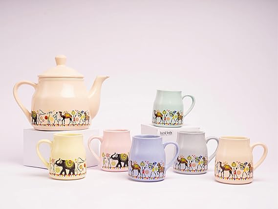 Cup'n'Crock Ceramic Candy Tea Cup - Set of 6 with Kettle - Printed Multicolor