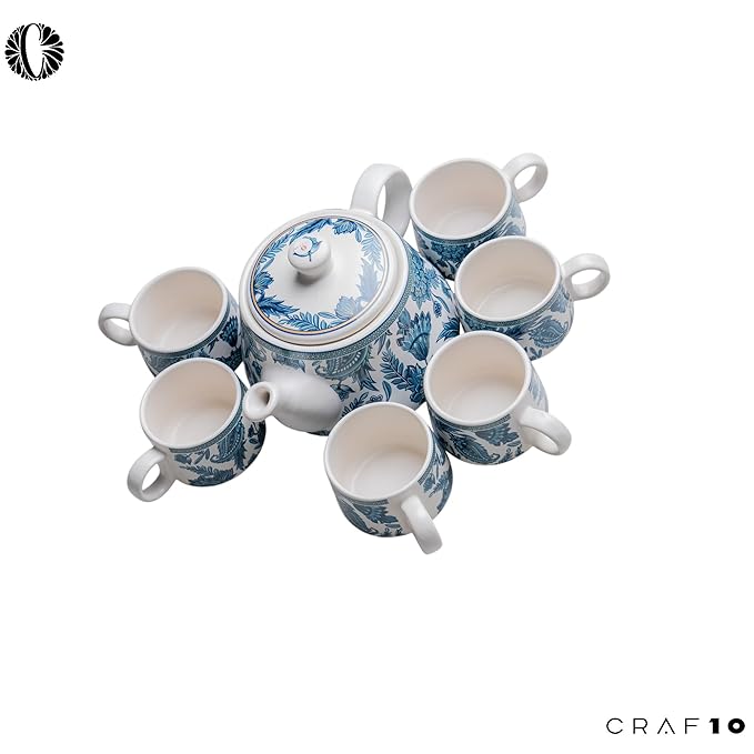 Cup'n'Crock Ceramic Stylo Blue Teapot Cup Set - 1 Kettle (1 Litre) & 6 Cups (160 ML), Microwave & Dishwasher Safe | Morning Set | Tea Sets with Kettle for Gifting