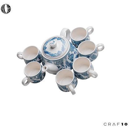 Cup'n'Crock Ceramic Stylo Blue Teapot Cup Set - 1 Kettle (1 Litre) & 6 Cups (160 ML), Microwave & Dishwasher Safe | Morning Set | Tea Sets with Kettle for Gifting