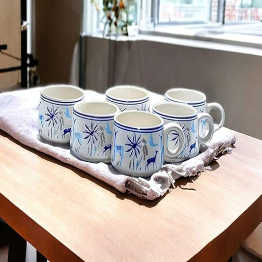 Cup'n'Crock Classic Nature Trees and Deer Printed Ceramic Tea/Coffee, 170 ml, Set of 6 (Marble White)