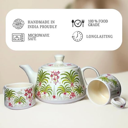 Cup'n'Crock Ceramic Tea Cup Set with Kettle, 6 Cups and Ketali with Lid, Dining Table Decor and Tea Serving with Classic Style (Green Magenta Palm)