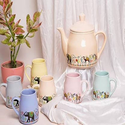 Cup'n'Crock Ceramic Candy Tea Cup - Set of 6 with Kettle - Printed Multicolor