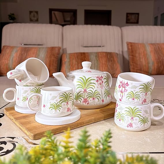 Cup'n'Crock Ceramic Tea Cup Set with Kettle, 6 Cups and Ketali with Lid, Dining Table Decor and Tea Serving with Classic Style (Green Magenta Palm)