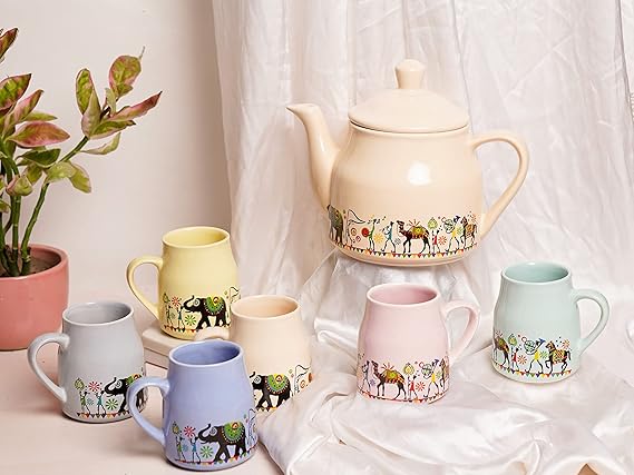 Cup'n'Crock Ceramic Candy Tea Cup - Set of 6 with Kettle - Printed Multicolor