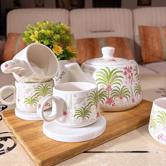 Cup'n'Crock Ceramic Tea Cup Set with Kettle, 6 Cups and Ketali with Lid, Dining Table Decor and Tea Serving with Classic Style (Green Magenta Palm)