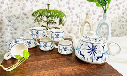 Cup'n'Crock Ceramic Beautiful Floral Print Tea Kettle Pot with Cup Set Made in India Products Kitchen Items - Pack of 1 Pot + 6 Cups