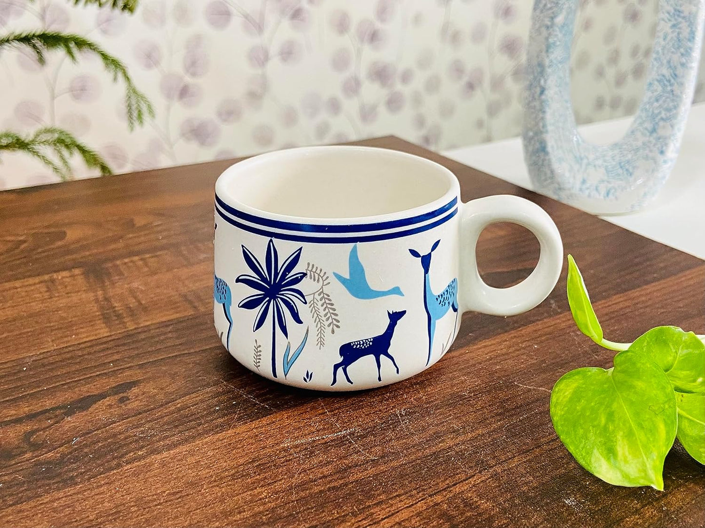 Cup'n'Crock Ceramic Beautiful Floral Print Tea Kettle Pot with Cup Set Made in India Products Kitchen Items - Pack of 1 Pot + 6 Cups