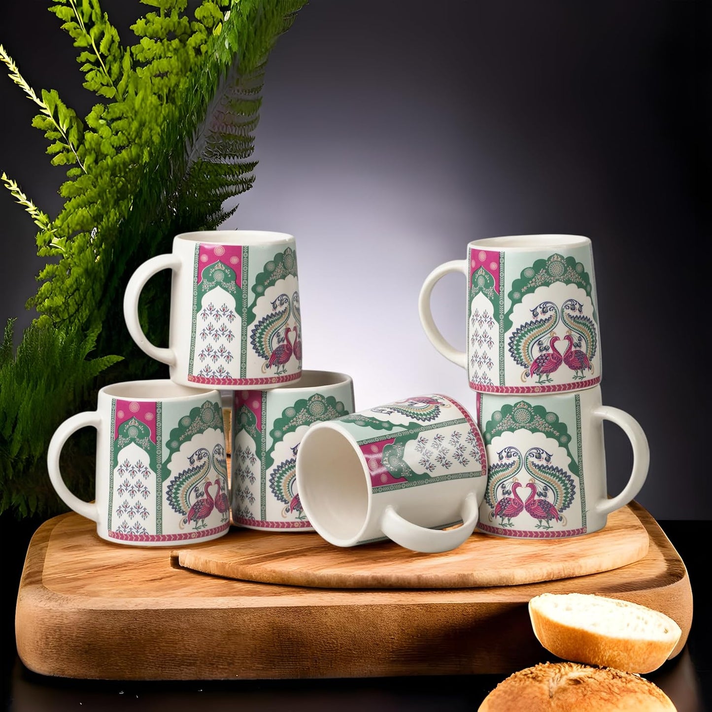 Cup'n'Crock Ceramic Tea/Coffee Mugs(Peacock Design Set of 6 Pcs)