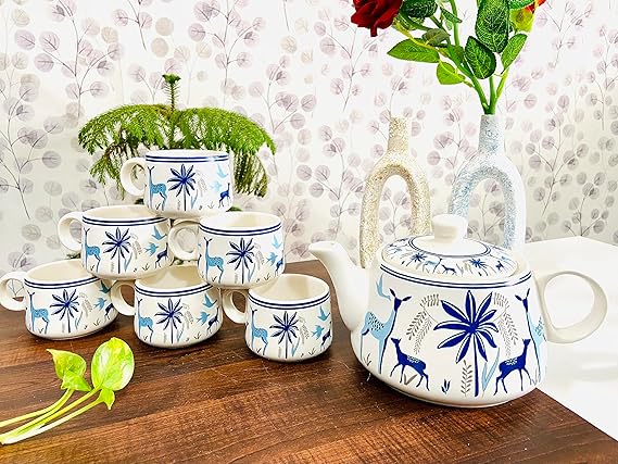 Cup'n'Crock Ceramic Beautiful Floral Print Tea Kettle Pot with Cup Set Made in India Products Kitchen Items - Pack of 1 Pot + 6 Cups