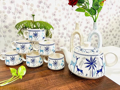 Cup'n'Crock Ceramic Beautiful Floral Print Tea Kettle Pot with Cup Set Made in India Products Kitchen Items - Pack of 1 Pot + 6 Cups