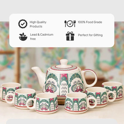 Cup'n'Crock Ceramic Beautiful Peagal Print Tea Kettle Pot with Cup Set Made in India Products Kitchen Items - Pack of 1 Pot + 6 Cups